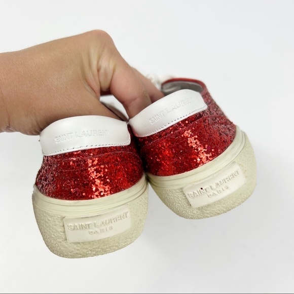 Saint Laurent Skate Red Glitter Sneakers Lace Up Low Top Size 37 - Picture 7 of 10